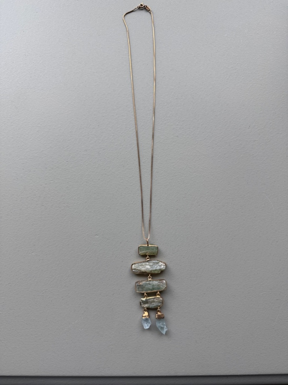 Gold Plated Long Pendant Necklace with Green and Aquamarine Stones